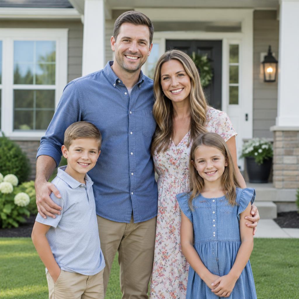 Family with children in front of their home