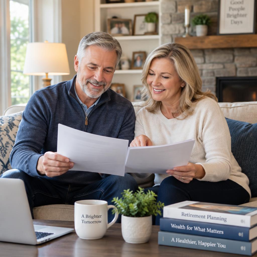 Mature couple reviewing documents comfortably at home